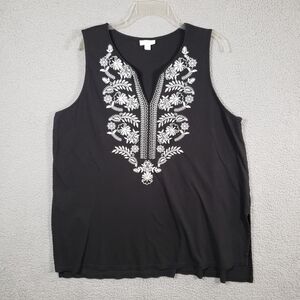 J Jill Top Women PETITE XL Extra Large Black Embroidery Vneck Jersey Knit Tunic